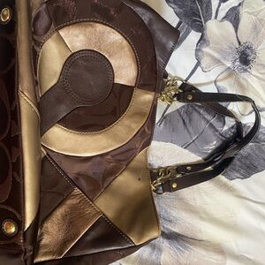 Coach Brown and Gold Shoulder Bag with Geometric Design